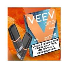 Packung Veev One Liquid Pods Peach. Blau-orange Packung mit weißer Veev One Aufschrift und schwarze Pods.