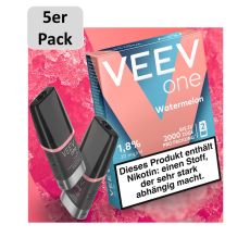 Veev One Liquid Pods Watermelon. Blau-rosa Packung mit grauem 5er Pack Bottom und schwarze Liquid Pods.