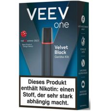 Packung Veev One E-Zigarette Velvet Black. Dunkelblaue Packung mit schwarzem Gerät und weißer Veev Aufschrift.