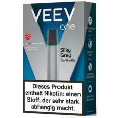 Packung Veev One E-Zigarette Silky Grey. Dunkelblau-graue Packung mit grauem Gerät und weißer Veev Aufschrift.