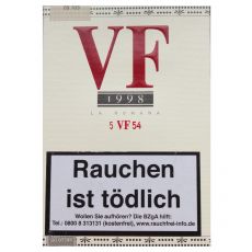 Packung VegaFina Zigarren 1998 VF 54 mit einem Inhalt von 5 Stück Zigarrren. Länge 155 mm und Durchmesser 21,4 mm.