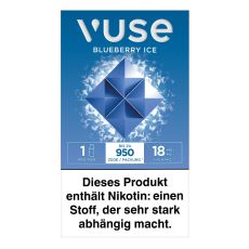 Packung Vuse Liquid Pod Blueberry Ice. Blaue Schachtel mit weißer Vuse Aufschrift und blauem Quadrat.