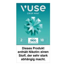 Packung Vuse Liquid Pods Crisp Mint 18mg/ml. Türkise Schachtel mit Blume und weißer Vuse Aufschrift.