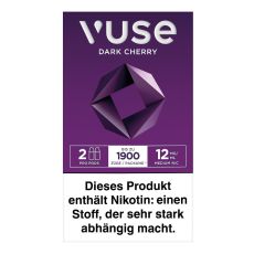 Packung Vuse Liquid Pods Dark Cherry 12mg/ml. Lila Schachtel mit Kreis und weißer Vuse Aufschrift.