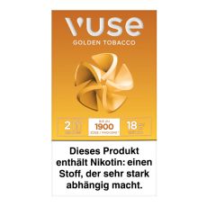 Packung Vuse Liquid Pods Golden Tobacco. Goldene Schachtel mit mit Blume und weißer Vuse Aufschrift.