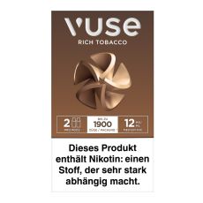 Packung Vuse Liquid Pods Rich Tobacco 12mg/ml. Dunkelbraune Schachtel mit Blume und weißer Vuse Aufschrift.