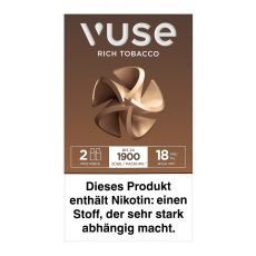 Packung Vuse Liquid Pods Rich Tobacco 18mg/ml. Dunkelbraune Schachtel mit mit Blume und weißer Vuse Aufschrift.