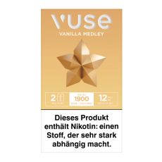 Packung Vuse Liquid Pods Vanilla Medley 12mg/ml. Beige Schachtel mit Stern und weißer Vuse Aufschrift.