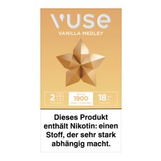 Packung Vuse Liquid Pods Vanilla Medley 18mg/ml. Beige Schachtel mit Stern und weißer Vuse Aufschrift.