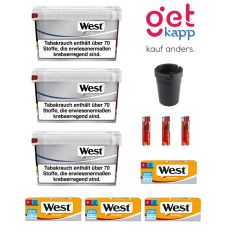 Sparset Tabak West Silver Big Box 125g Eimer. Drei silber-graue Eimer mit West Logo mit Hülsen, Ascher und Feuerzeug.