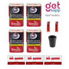 Sparset Angebot 4 x Winston Premium rot / red Dose 80g Feinschnitt-Tabak Cekca Can, 3 x Winston 200 King Size Filterhülsen, 2 x Feuerzeug Einweg, 1 x Autoaschenbecher