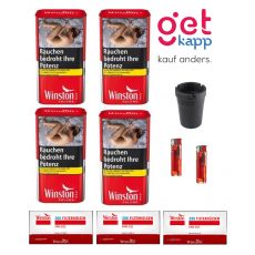 Sparset L Angebot 4 x Winston rot / red Dose 86g Volumentabak Cekca Can, 3 x Winston 200 King Size Filterhülsen, 2 x Feuerzeug Einweg, 1 x Autoaschenbecher