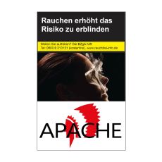 Schachtel Zigaretten Apache Original. Weiße Packung mit rotem Indianerkopf und schwarzem Apache Logo.