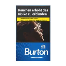 Schachtel Zigaretten Burton Zigaretten Blau L. Kleine blaue Packung mit weißer Burton Aufschrift und Logo.