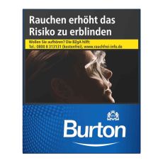 Schachtel Zigaretten Burton Zigaretten Blau XXXL. Große blaue Packung mit weißer Burton Aufschrift und Logo.