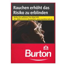 Schachtel Zigaretten Burton Original Rot XXL. Rote Packung mit weißem Burton Logo.