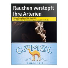 Schachtel Zigaretten Camel Blau L. Hellblaue Packung mit Camel Aufschrift und Kamel.