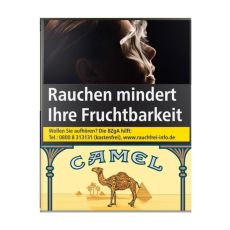 Schachtel Zigaretten Camel ohne Filter Gelb. Gelbe Packung mit Camel Logo und braunes Dromedar.