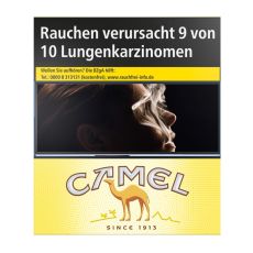 Schachtel Zigaretten Camel Gelb XXL. Gelbe Packung mit Camel Logo und braunem Kamel.