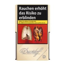 Schachtel Zigaretten Davidoff Gold 20 Stück. Hell-beige Packung mit silbernen Davidoff Logo.