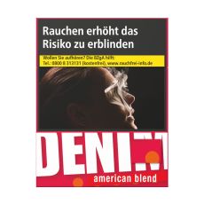 Schachtel Zigaretten Denim Red XL. Rote Packung mit Punkten und großer weißer Denim und american blend Aufschrift.