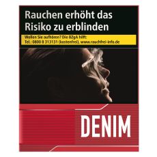 Packung Zigaretten Denim rot XXXL. Rote Schachtel mit weißer Denim Aufschrift.