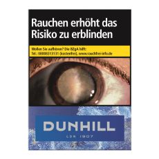 Schachtel Zigaretten Dunhill Blue Giga. Große blau-marmorierte Packung mit goldener Dunhill Aufschrift.