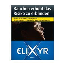 Schachtel Zigaretten Elixyr Blue XL. Blaue Packung mit weißem Elixyr Logo und großem X.