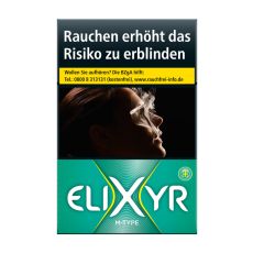 Schachtel Zigaretten Elixyr+ green. Grüne Packung mit weißem Elixyr Logo und großem X.