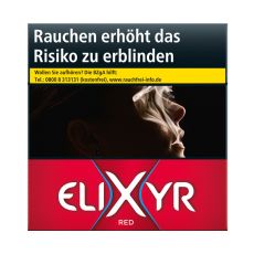 Schachtel Zigaretten Elixyr Red 5XL. Rote Packung mit weißem Elixyr Logo und große X.