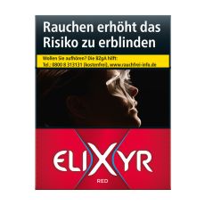 Schachtel Zigaretten Elixyr Red. Rote Packung mit weißem Elixyr Logo und große X.