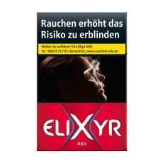 Schachtel Zigaretten Elixyr Red. Rote Packung mit weißem Elixyr Logo und große X.