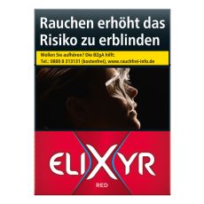 Schachtel Zigaretten Elixyr Red. Rote Packung mit weißem Elixyr Logo und große X.