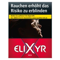 Schachtel Zigaretten Elixyr Red. Rote Packung mit weißem Elixyr Logo und große X.