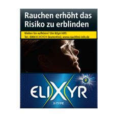 Schachtel Zigaretten Elixyr+ X-Type XL. Dunkelblaue Packung mit weißem Elixyr Logo und großem X.