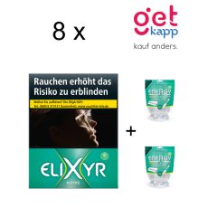 Sparset Zigaretten Elixyr M-Type Green XL. Grüne Packung mit Elixyr Logo und zwei Energy Filter Tips Tüten.