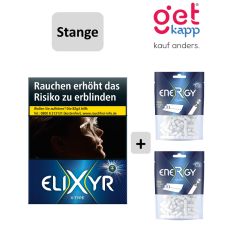 Sparset Zigaretten Elixyr X-Type Blue XL. Blaue Packung mit Elixyr Logo und zwei Energy Filter Tips Tüten Clixx Ice.