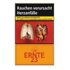 Schachtel Zigaretten Ernte 23. Orange Packung mit Streifen und rotem Ernte 23 Logo.