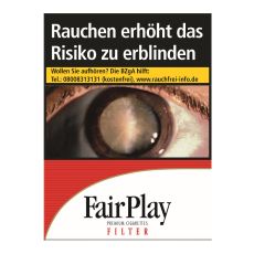 Schachtel ZIgaretten Fair Play Filter rot XXL. Weiß-rote Packung mit schwarzem Fair Play Logo.
