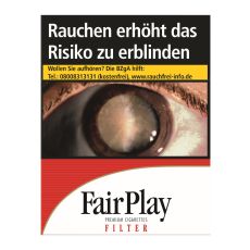 Schachtel ZIgaretten Fair Play Filter rot. Weiß-rote Packung mit schwarzem Fair Play Logo.
