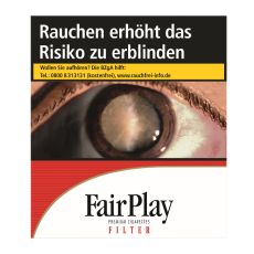 Schachtel ZIgaretten Fair Play Filter rot XXXXL Giga. Weiß-rote Packung mit schwarzem Fair Play Logo.