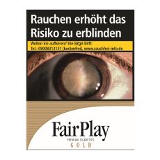 Schachtel ZIgaretten Fair Play Filter Gold. Weiß-goldene Packung mit schwarzem Fair Play Logo.
