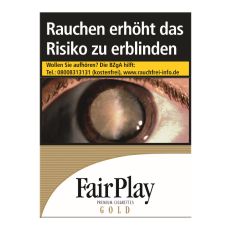 Schachtel ZIgaretten Fair Play Filter Gold XXL. Weiß-goldene Packung mit schwarzem Fair Play Logo.