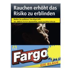 Packung Zigaretten Fargo Die Blaue. Blaue Schachtel mit weiß-rotem Fargo Logo und gelben Botton.