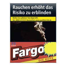 Packung Zigaretten Fargo Die Rote. Rote Schachtel mit weiß-rotem Fargo Logo und gelben Botton.