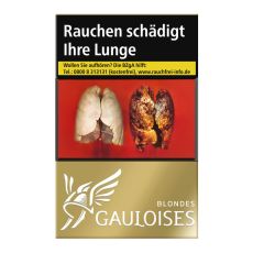 Schachtel Zigaretten Gauloises Blondes Gold. Goldene Packung mit weißem Gauloises Logo.