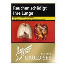 Schachtel Zigaretten Gauloises Blondes Gold 23 Stück. Goldene Packung mit weißem Gauloises Logo.