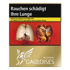 Schachtel Zigaretten Gauloises Blondes Gold 28 Stück. Goldene Packung mit weißem Gauloises Logo.