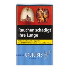 Schachtel Zigaretten Gauloises Brunes Filtre 20 Stück. Hellblaue Packung mit weißem Gauloises Logo.