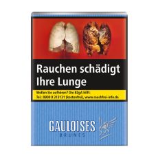 Schachtel Zigaretten Gauloises Brunes ohne Filter. Hellblaue Packung mit weißem Gauloises Logo.